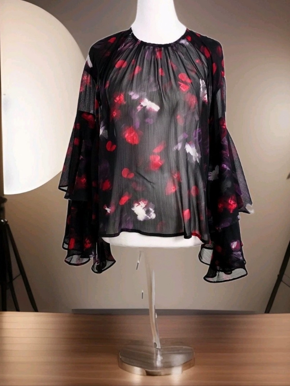 INC International Concepts Black Sheer Blouse with Red & Purple Floral Print